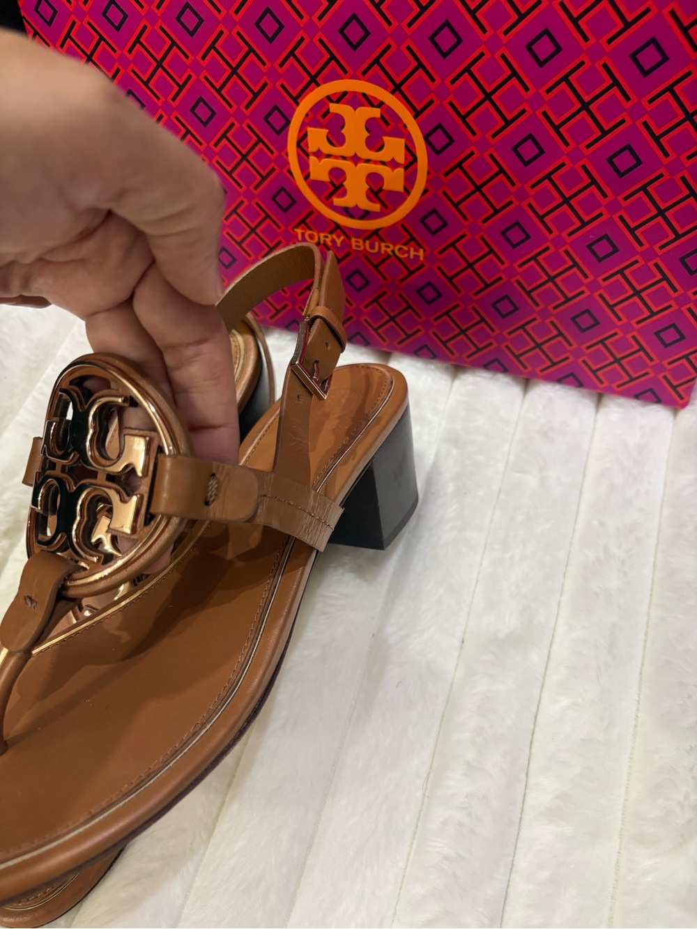Tory Burch Cognac Patent Miller Block Heel Sandals